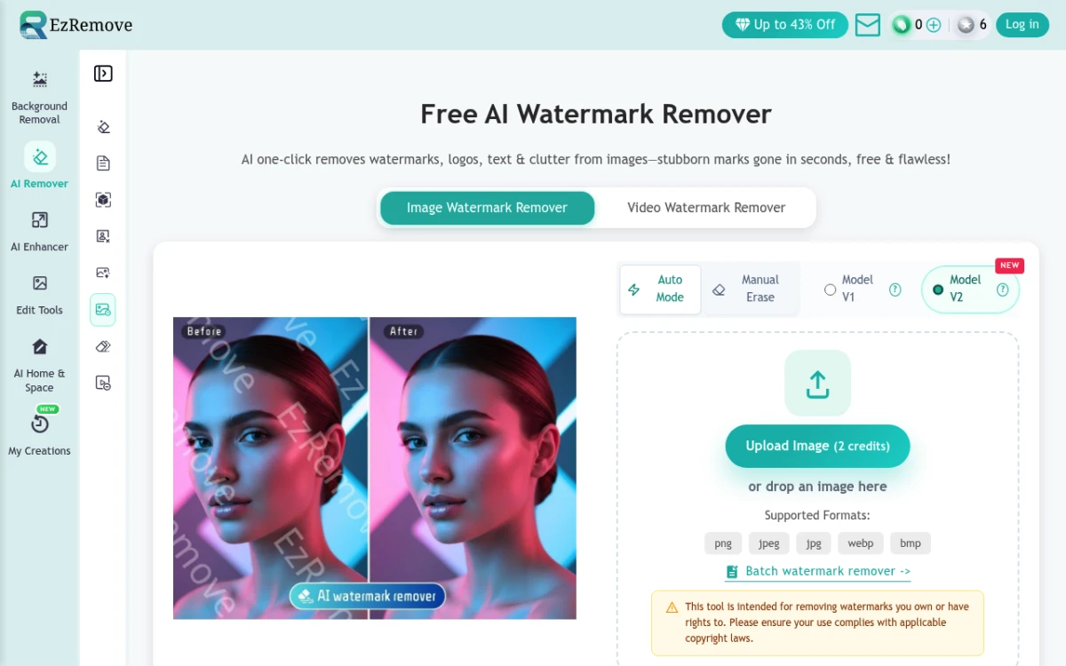 EzRemove.ai homepage — free batch watermark removal up to 5 images per day
