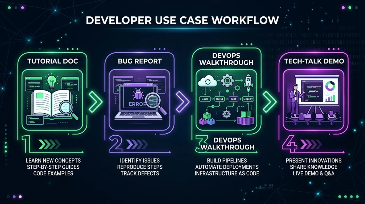 Workflow comparison diagram of four developer use cases connected by arrows