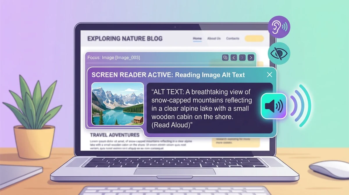 Laptop-Bildschirm zeigt eine Screenreader-Oberfläche mit Schallwellen, die vom Lautsprecher-Icon ausgehen