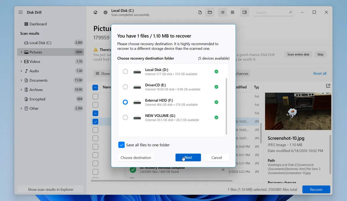 Disk Drill recovery destination dialog on Windows asking where to save the recovered screenshots