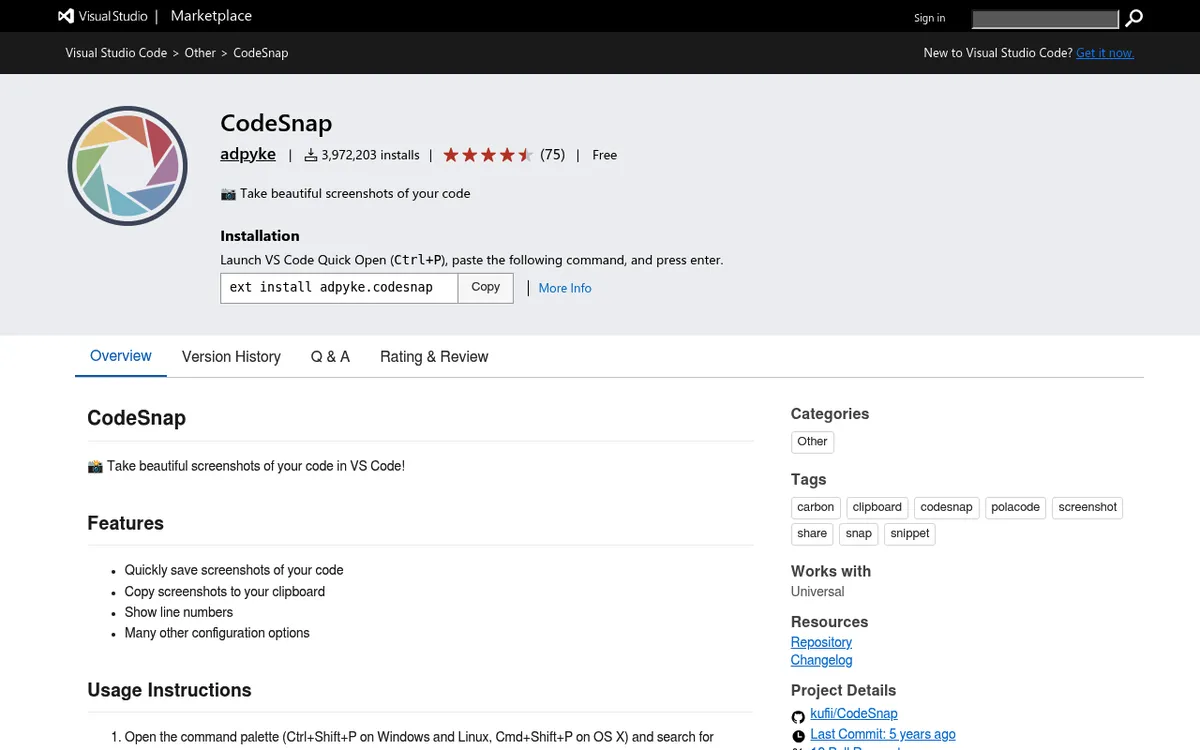 CodeSnap listing on the Visual Studio Marketplace with its logo, install count and features list
