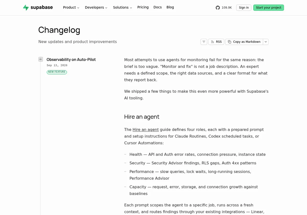 Supabase Changelog mit den Buttons RSS und Copy as Markdown und einem Eintrag New Feature vom 13. September 2026