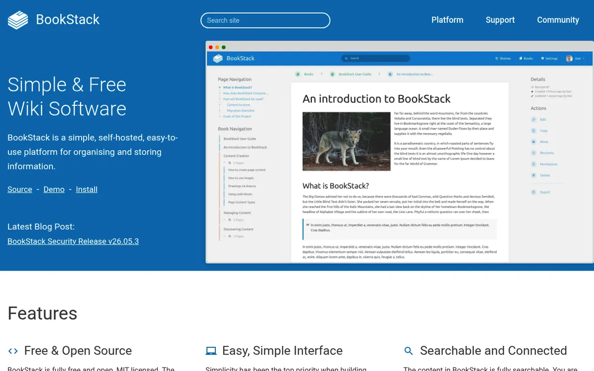 BookStack open source documentation platform homepage describing self-hosted, MIT licensed knowledge storage