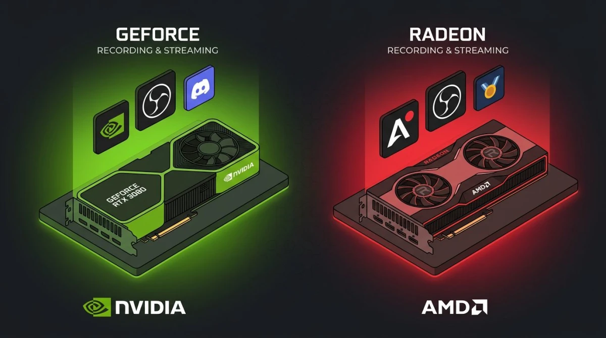 NVIDIA and AMD graphics cards with recording software icons
