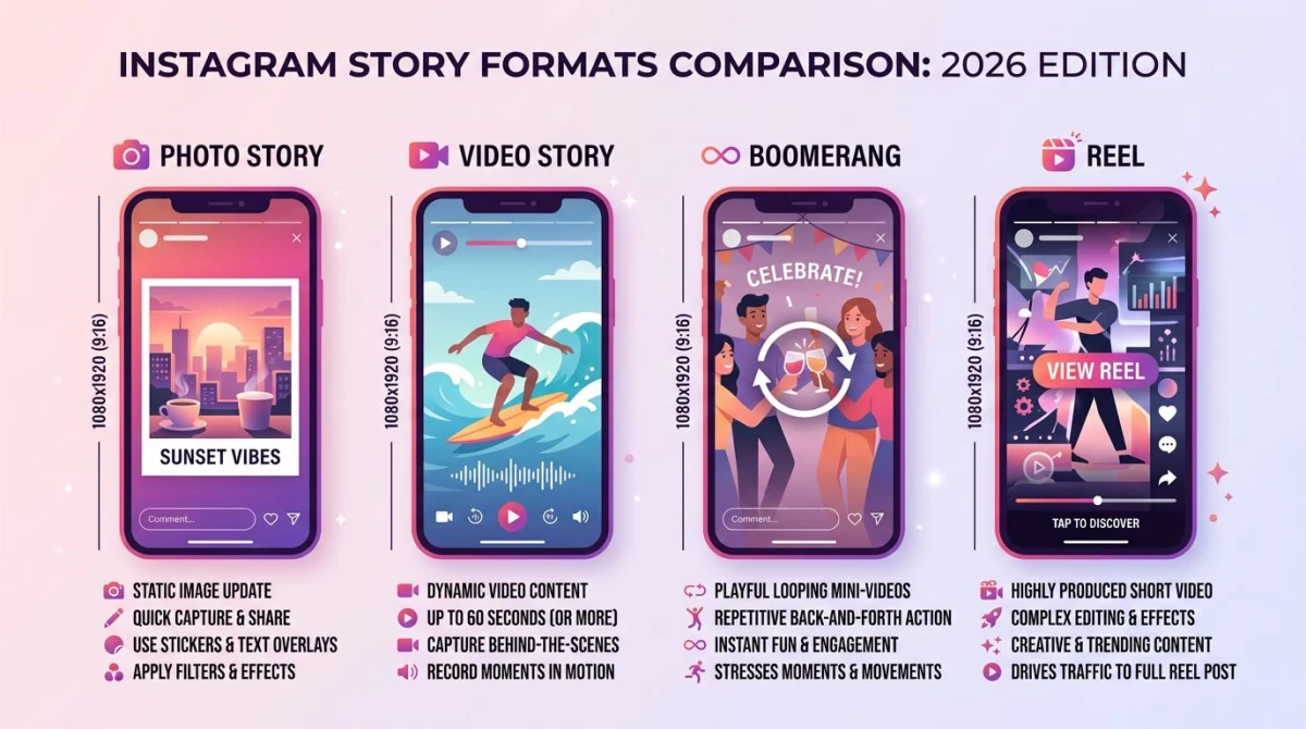 Instagram Story formats grid showing photo, video, Boomerang and Reel layouts