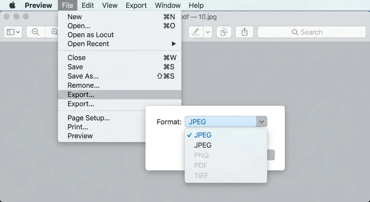 Mac Preview export dialog with JPEG format selected
