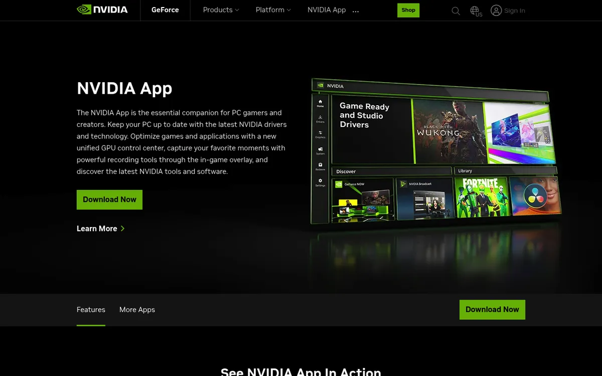 NVIDIA App download page, where ShadowPlay game recording now lives for GeForce GPUs