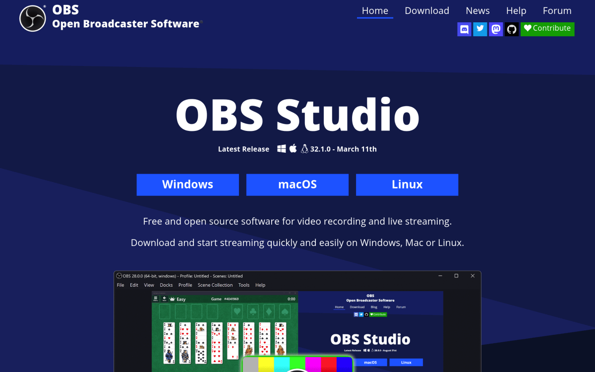 OBS Studio homepage — free professional screen recording and streaming for Mac