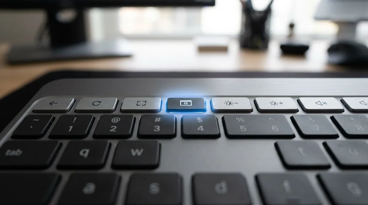 Chromebook keyboard function row with the Show windows key highlighted