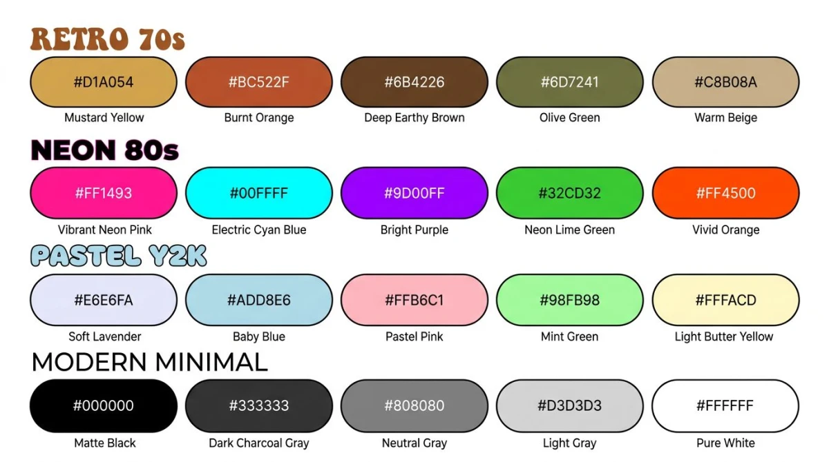 Era-themed palettes — 70s retro, 80s neon, Y2K pastel, modern minimal