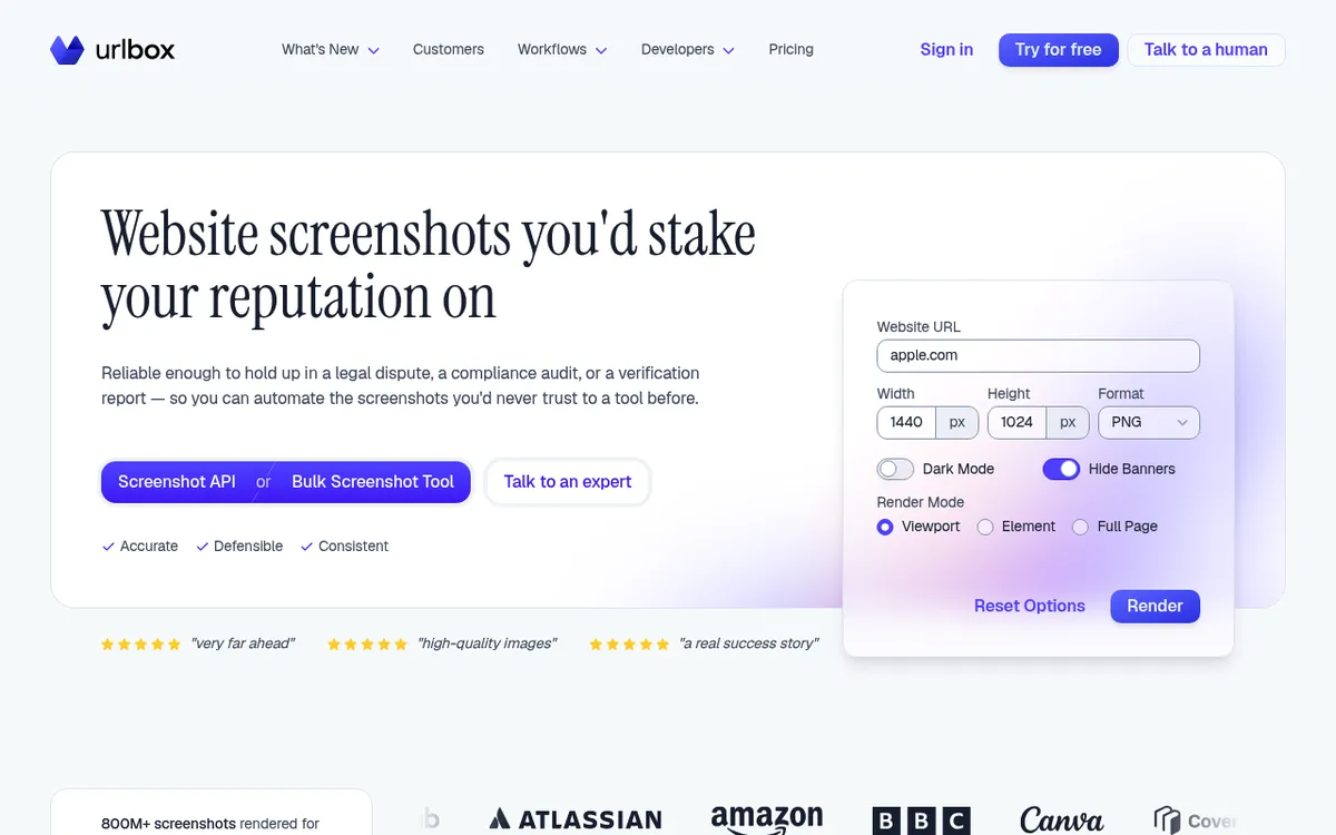 Urlbox homepage, a website screenshot API with a live render options widget
