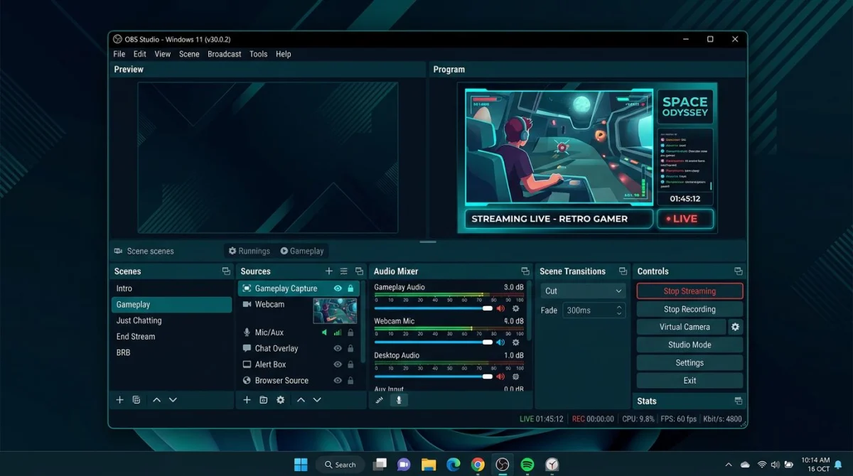 OBS Studio open-source screen recorder on Windows