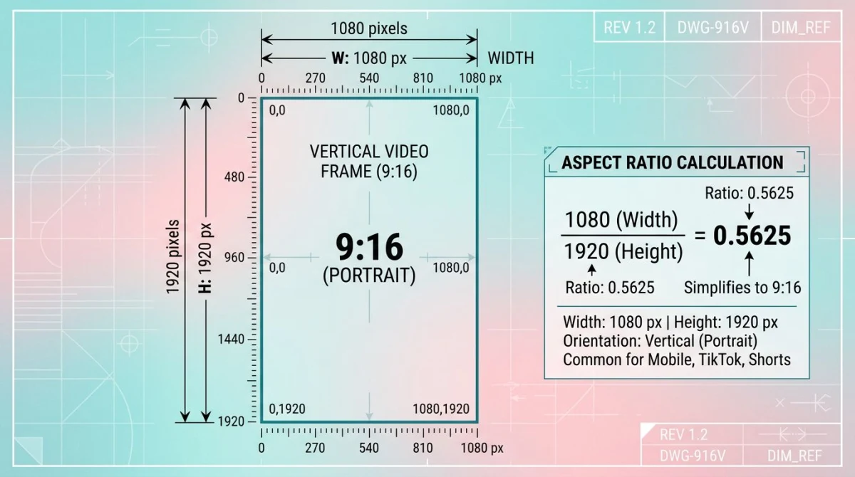 TikTok dimension diagram showing 1080 wide by 1920 tall with measurement arrows