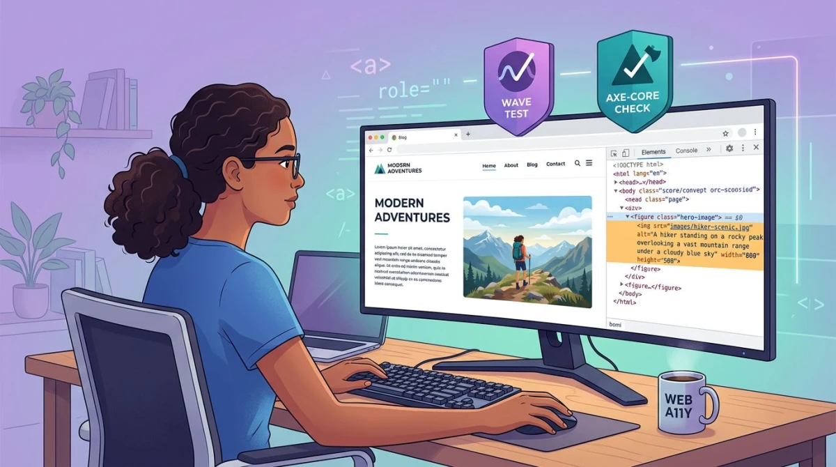 Entwickler testet eine Webseite mit Browser-DevTools und Barrierefreiheits-Tools auf dem Bildschirm