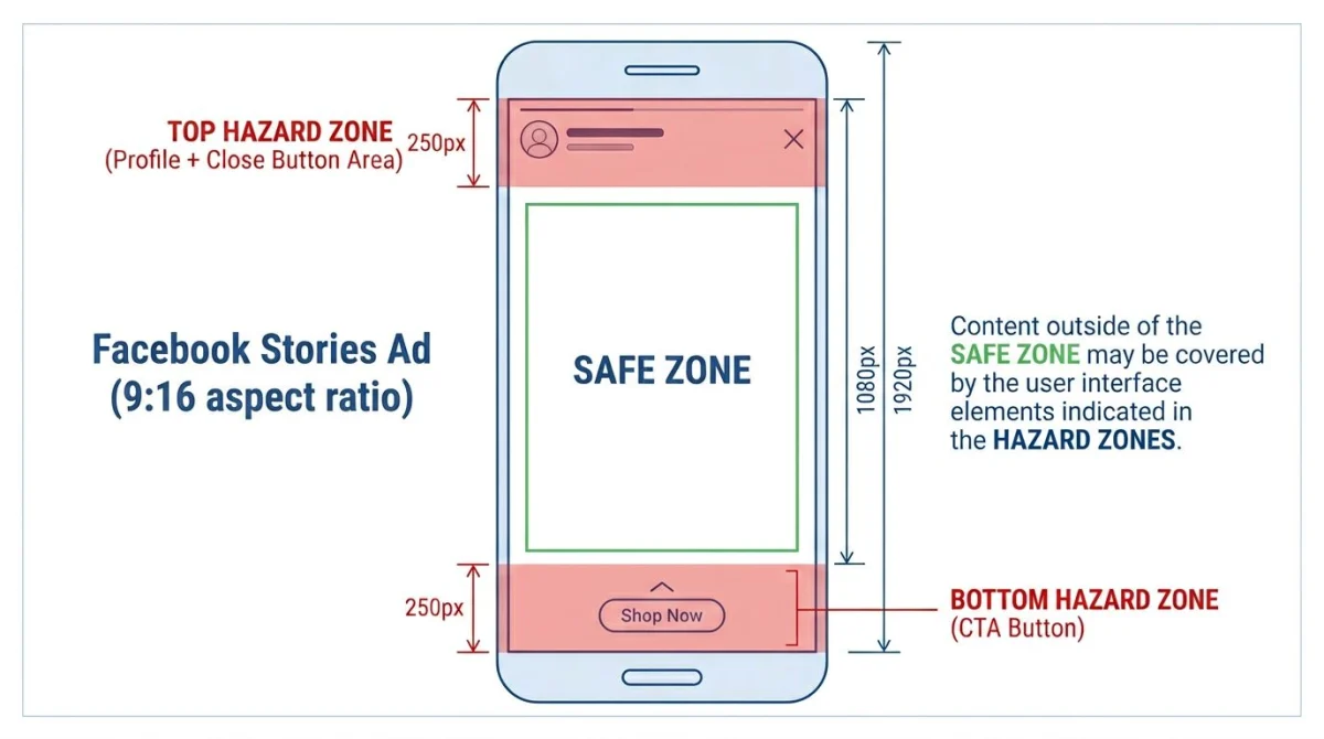 Stories ad safe-zone diagram with top and bottom hazard zones