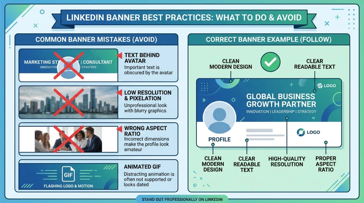 Common LinkedIn banner design mistakes vs correct examples