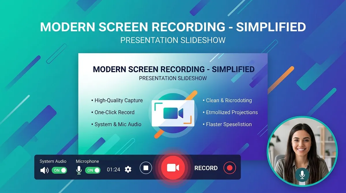 Screen recorder capturing a fullscreen slideshow with a webcam picture-in-picture