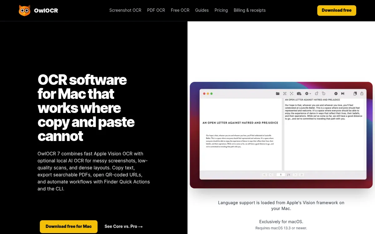 OwlOCR homepage showing the OCR software for Mac headline next to the app window with a scanned page and its recognized text