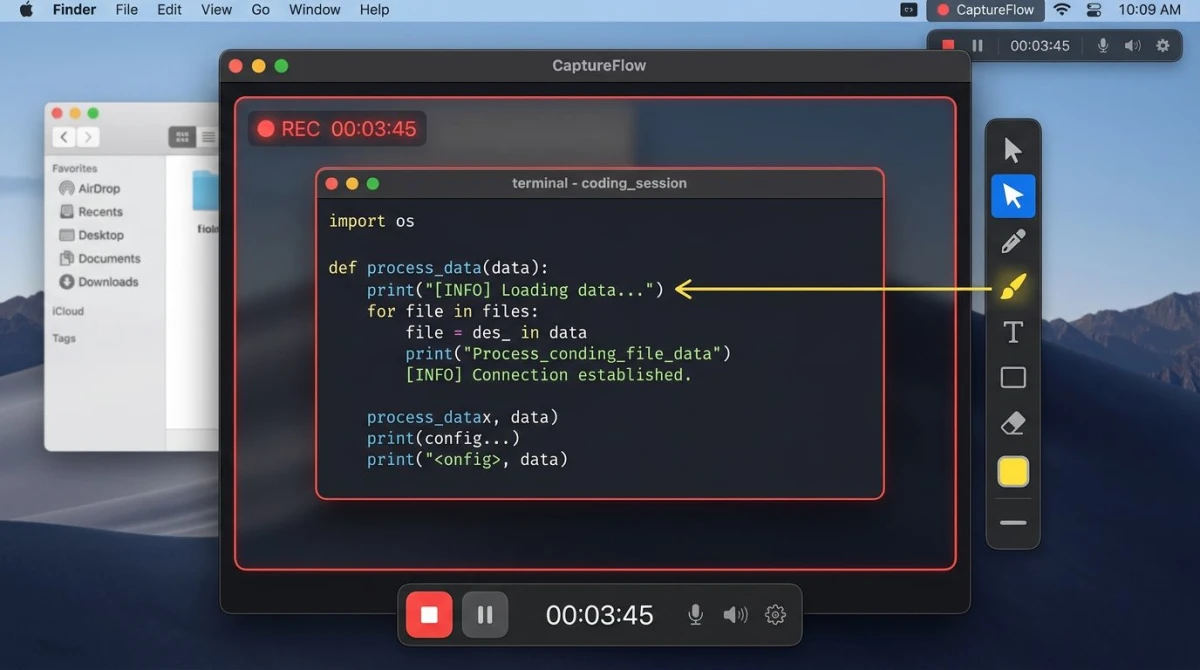 Screen recorder app interface mid-recording over a terminal window with annotation toolbar