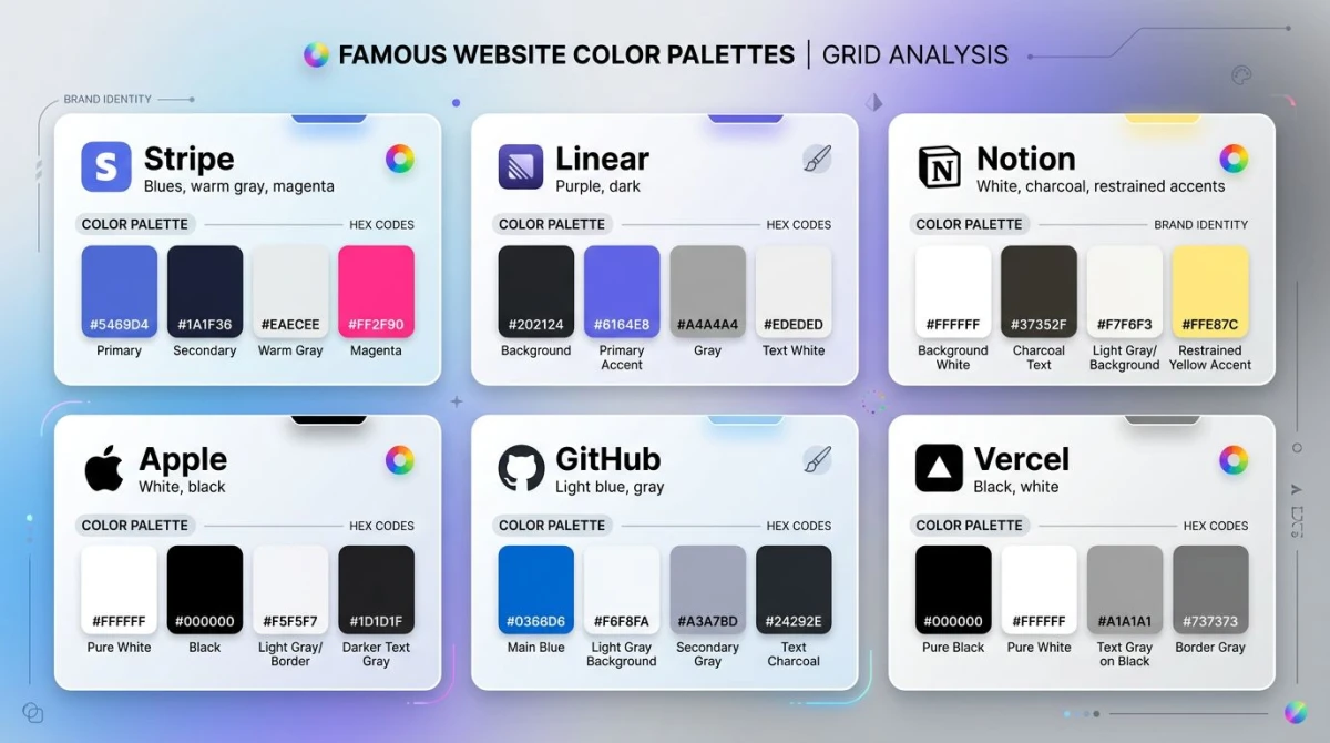 Grid analysis of famous website color palettes from major brands