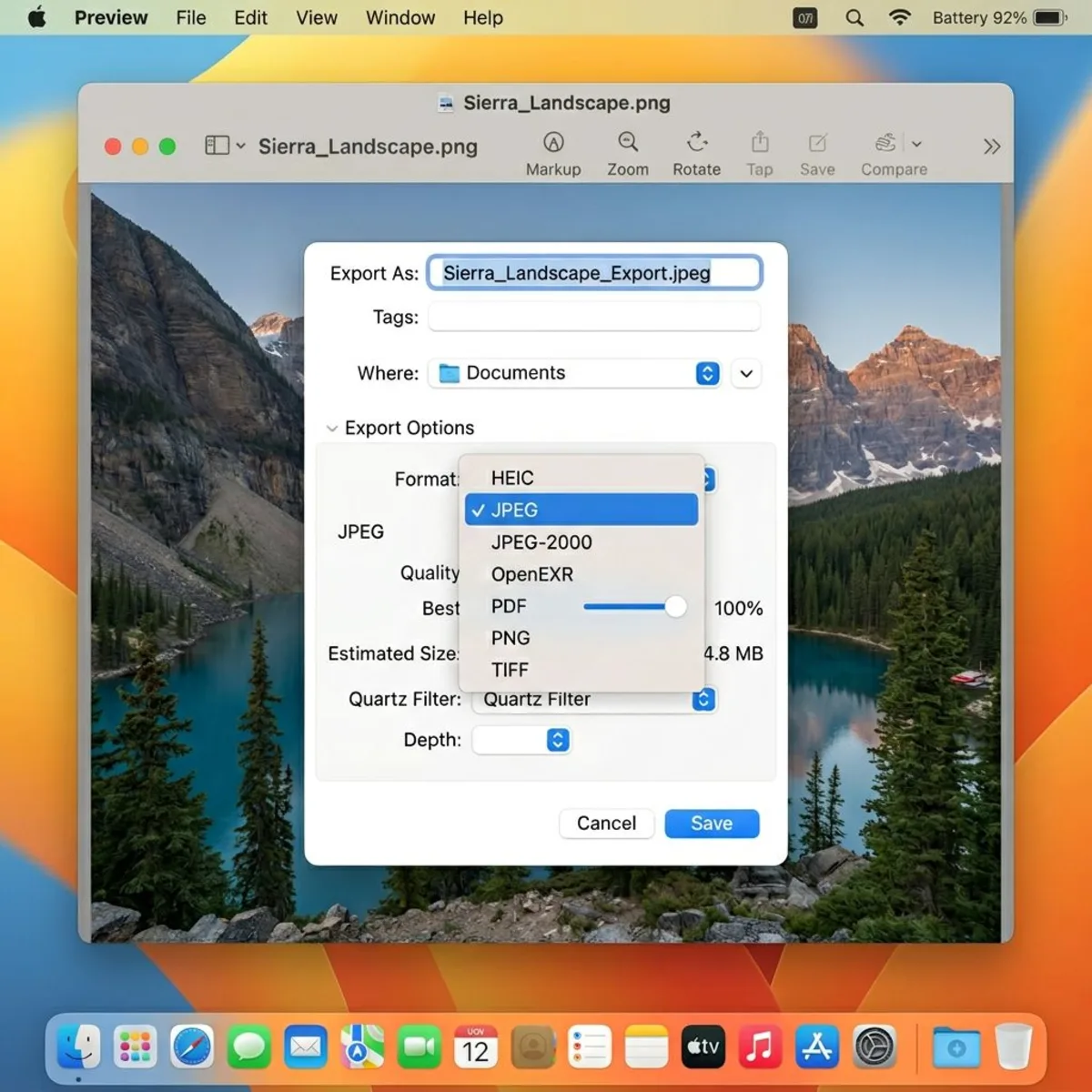 Mac Preview export dialog showing JPEG format selection