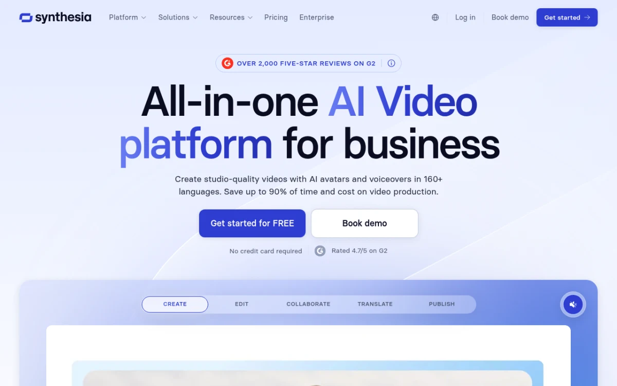 Synthesia homepage showing AI avatar training video creation in 140+ languages