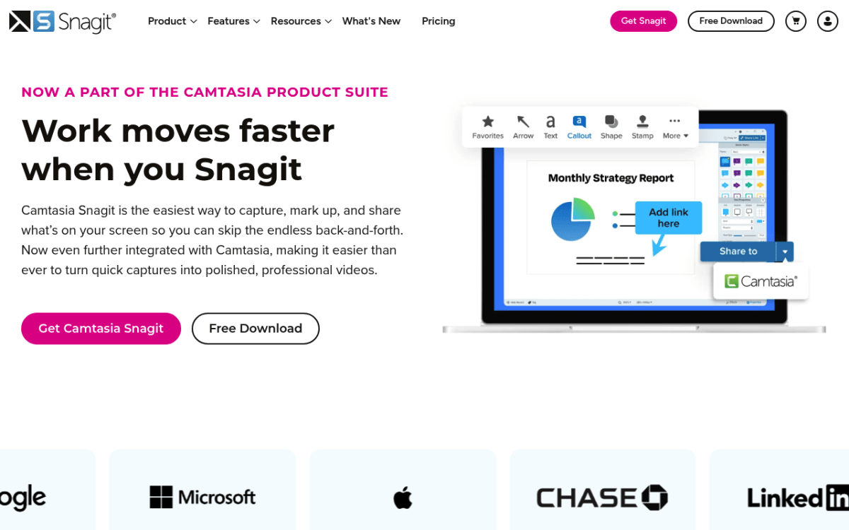 Snagit homepage by TechSmith showing the paid Windows screenshot tool