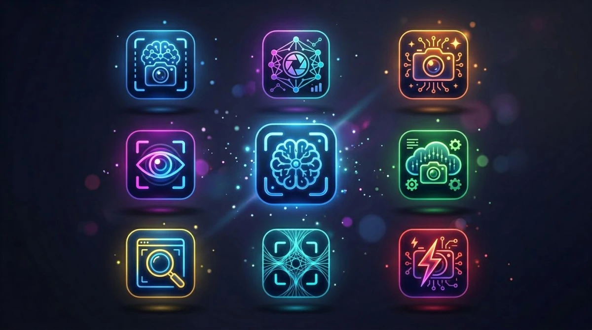 Vergleichsraster aus leuchtenden KI-Screenshot-Tool-Icons auf dunklem Verlauf