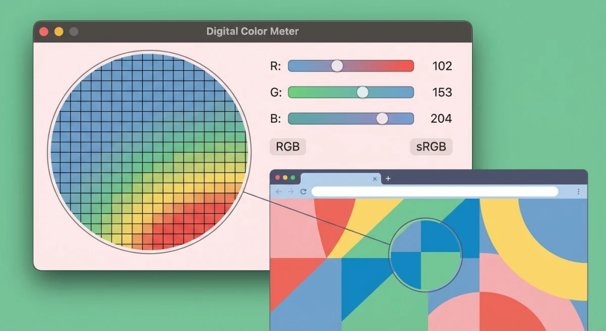 Digital Color Meter app showing magnified pixel view with RGB values