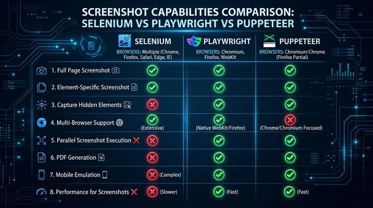 Comparison of Selenium, Playwright, and Puppeteer screenshot features