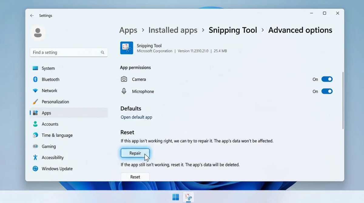 Windows 11 Settings showing the Snipping Tool Advanced options with Repair and Reset buttons