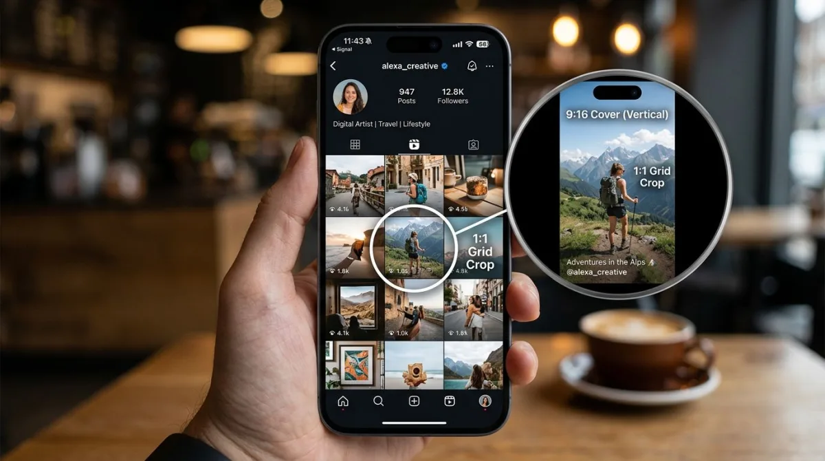 Instagram profile grid mockup showing how 9:16 Reels cover crops to a 1:1 square thumbnail