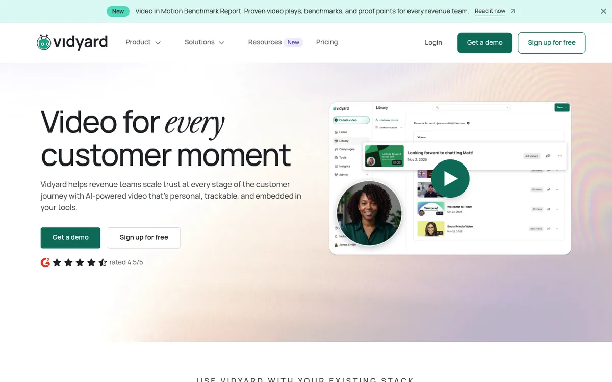 Vidyard homepage with the headline Video for every customer moment and a preview of its video library with a webcam recording