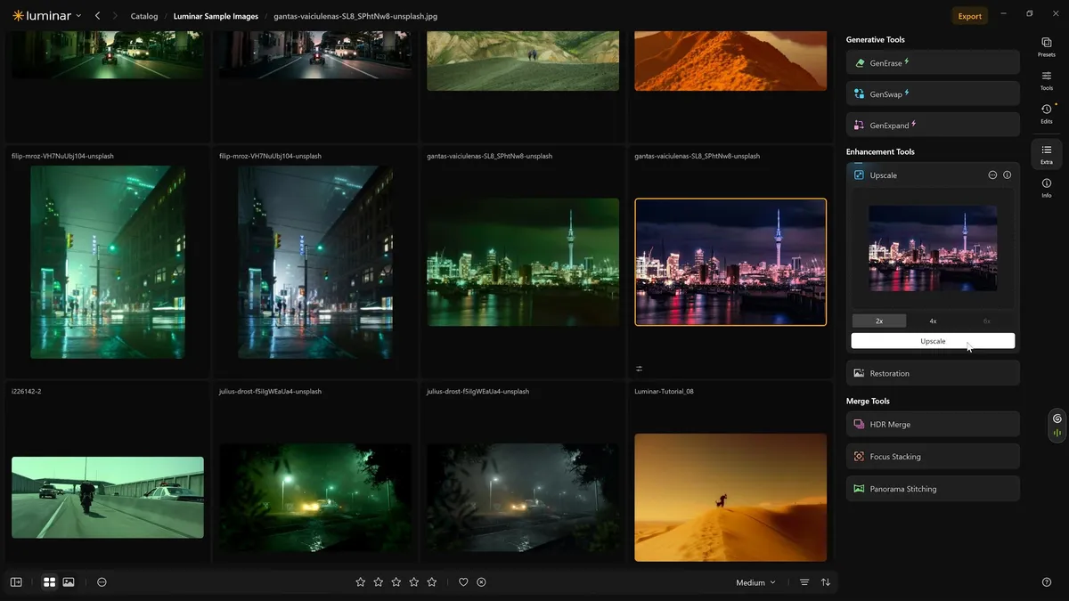 Luminar with the Upscale AI panel open showing the 2x, 4x and 6x steps