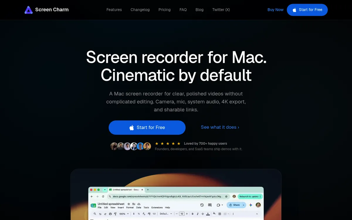 ScreenCharm homepage — cinematic Mac screen recorder with auto-zoom and motion blur