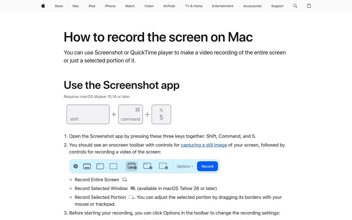 Apple's built-in Screenshot toolbar for screen recording on Mac