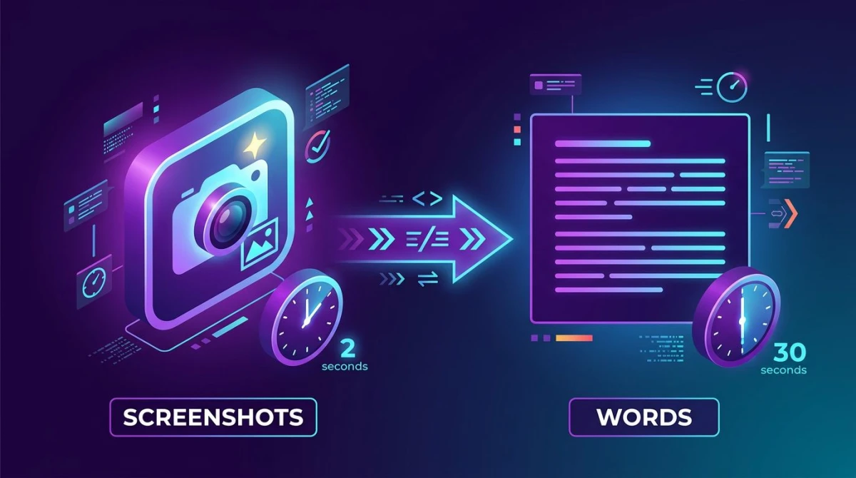 Infographic comparing a screenshot versus a paragraph of text showing why visuals win the screenshot productivity workflow race