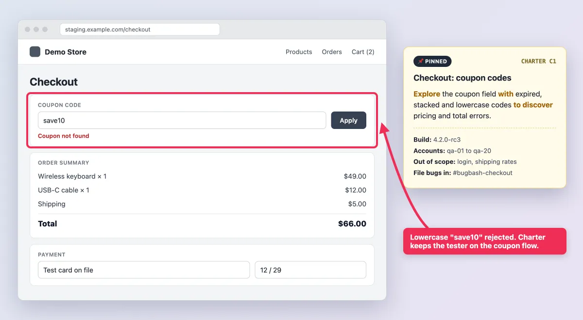 Test charter card pinned beside a staging checkout page with the coupon error highlighted