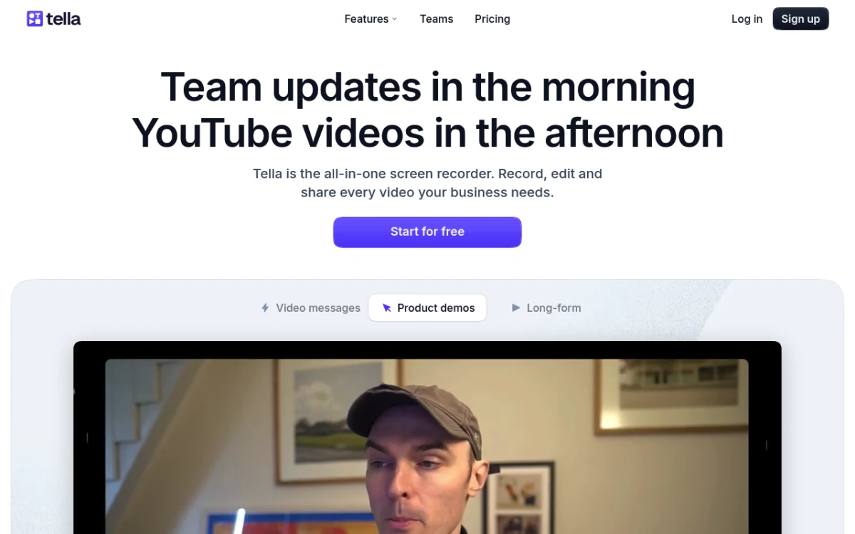 Tella homepage showing multi-layout async video recording for Mac