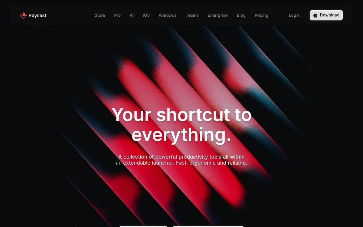 The Raycast homepage, a launcher and productivity tool for Mac developers