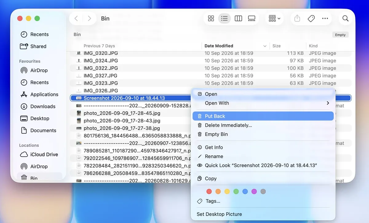 Option Zurücklegen im Kontextmenü des Finder-Papierkorbs für einen gelöschten Screenshot