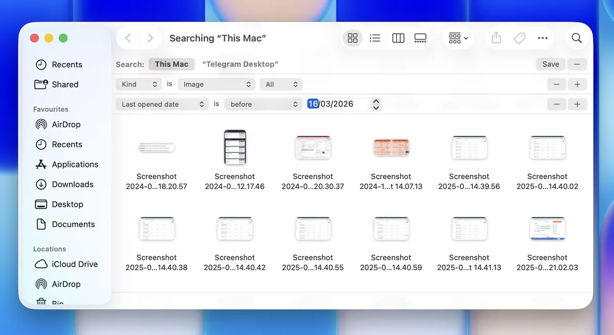 Finder-Suche auf diesem Mac, gefiltert nach Art ist Bild, mit einer zusätzlichen Datumsregel