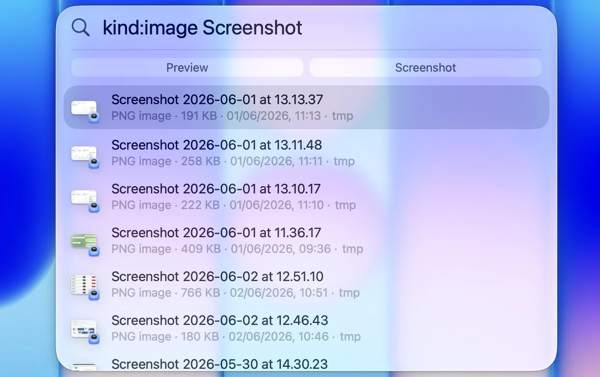 Spotlight-Suche nach kind:image Screenshot mit einer Liste aktueller Screenshot-Dateien