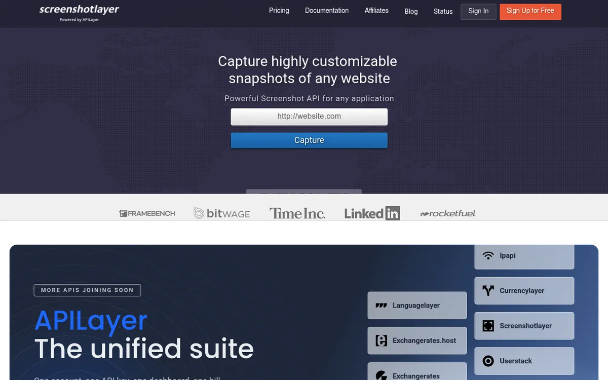 Screenshotlayer homepage, the APILayer screenshot API with a URL capture form