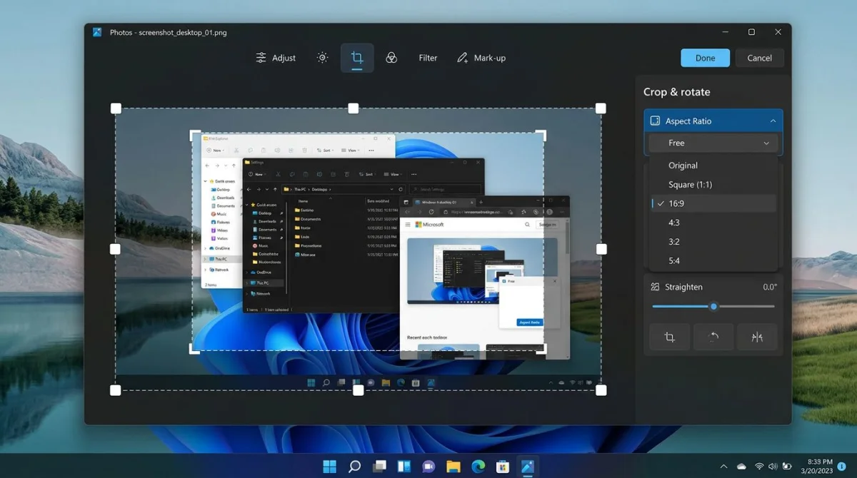Crop screenshot in Windows Photos app with aspect ratio options