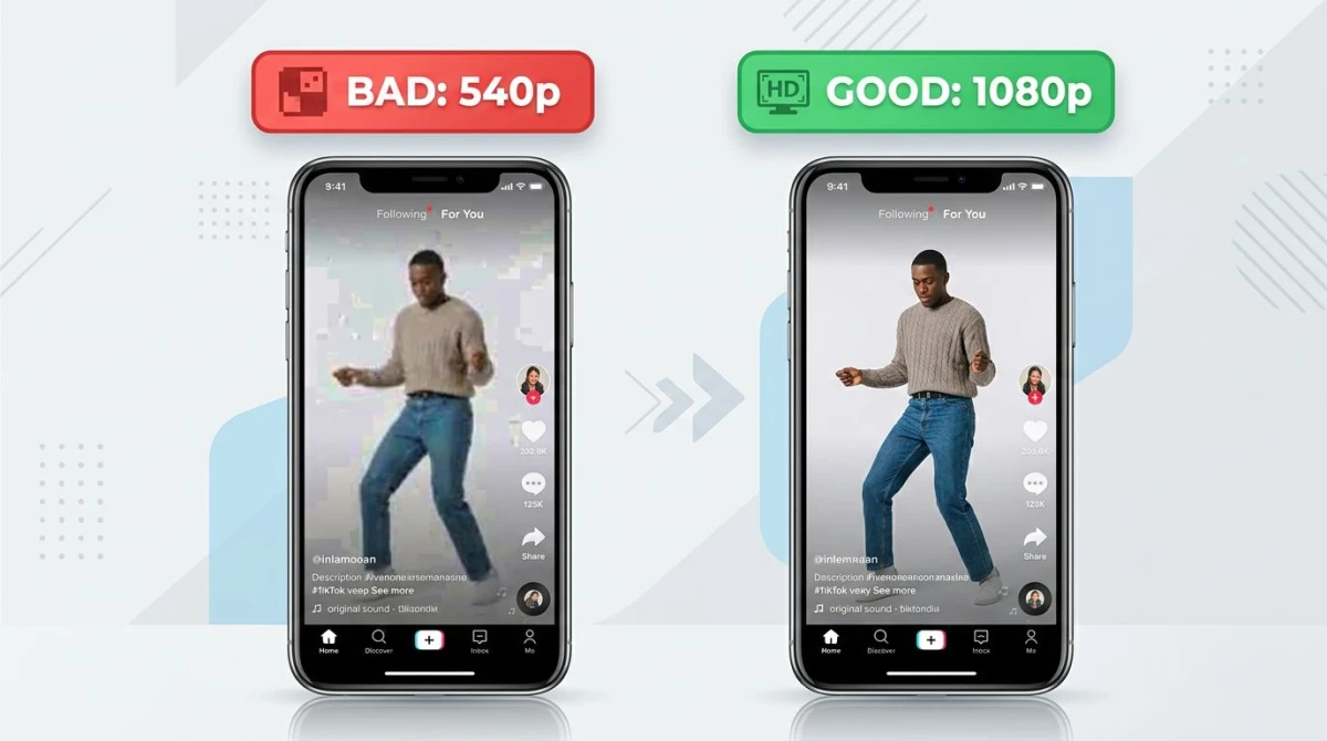 Comparison of low-quality blurry TikTok versus crisp high-quality 1080p upload