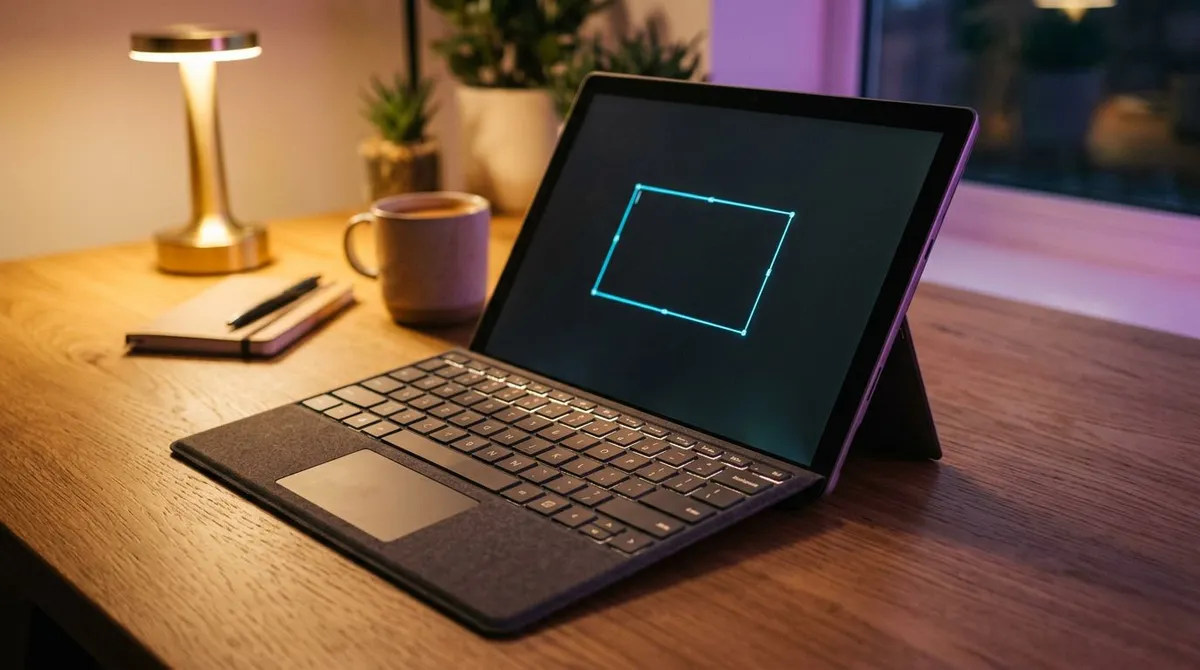 Surface tablet snapped onto its detachable keyboard cover with a region selection box on the dimmed screen