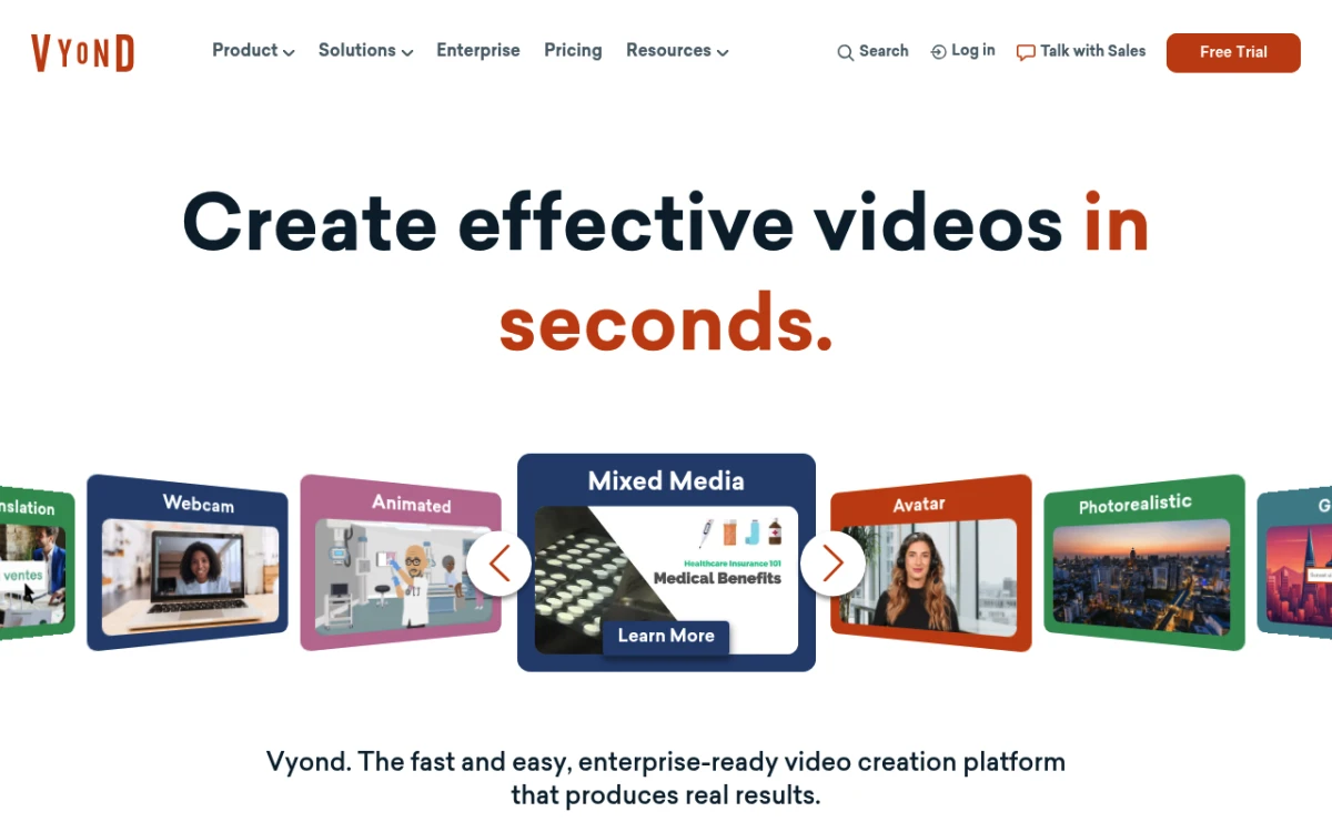 Vyond homepage featuring the animated explainer video maker for soft-skills training