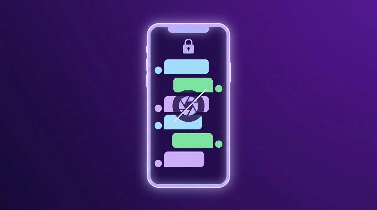 Tinder chat screenshots stay silent — phone showing a chat thread with a crossed-out camera shutter and a padlock