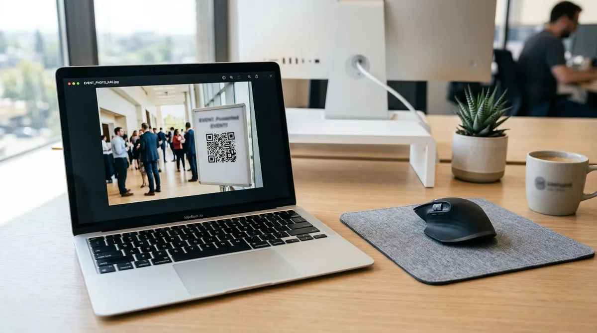 Laptop on a desk showing an image viewer with a QR code on screen